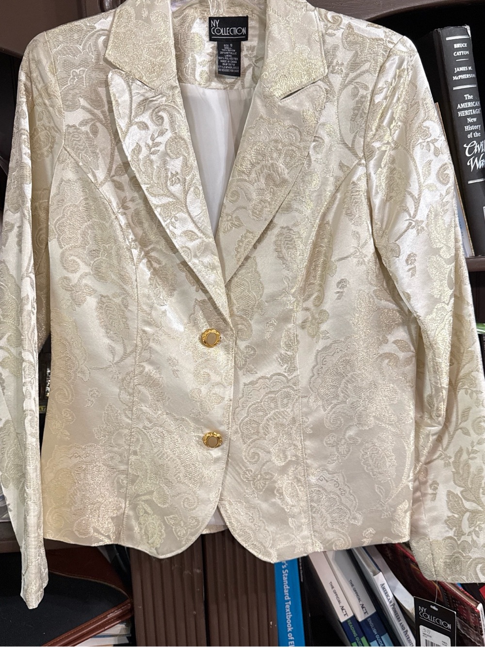 NY Collection Cream Brocade Blazer with Gold Buttons